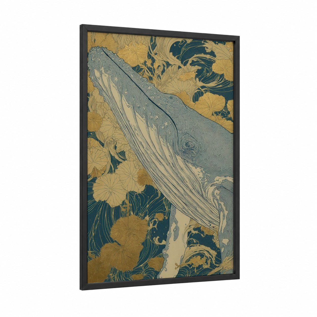 Golden Whale Garden framed humpback whale print — black wood frame — gold palette