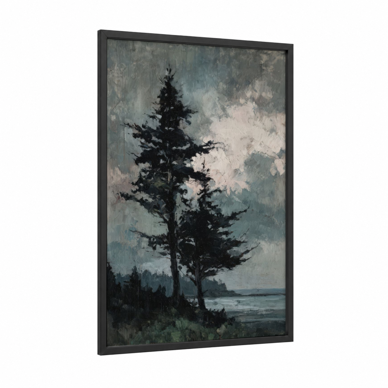 Windswept Cedar framed cedar tree print — black wood frame — gray and blue and white palette