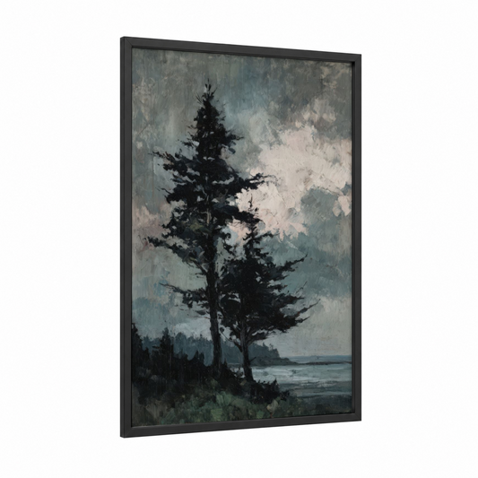 Windswept Cedar framed cedar tree print — black wood frame — gray and blue and white palette