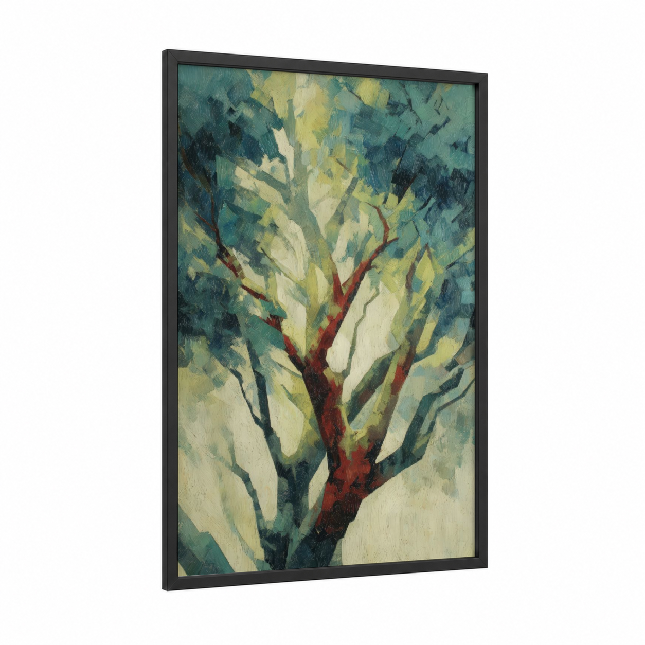 Sunlit Banyan Tree framed art print — black wood frame — teal and yellow gold palette