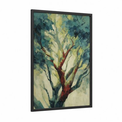 Sunlit Banyan Tree framed art print — black wood frame — teal and yellow gold palette