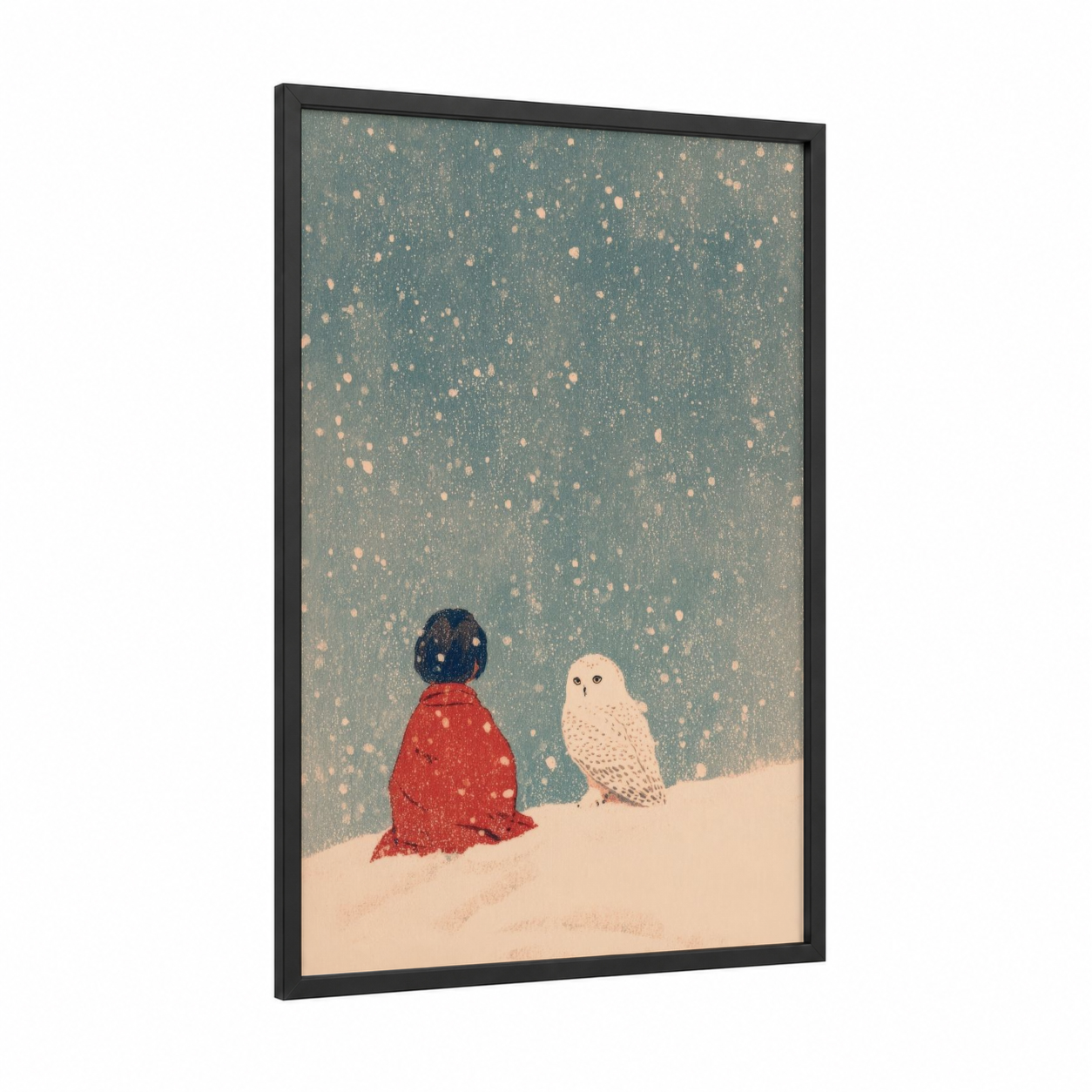 Snowy Friendship framed kids animals print — black wood frame — sage green and cream palette