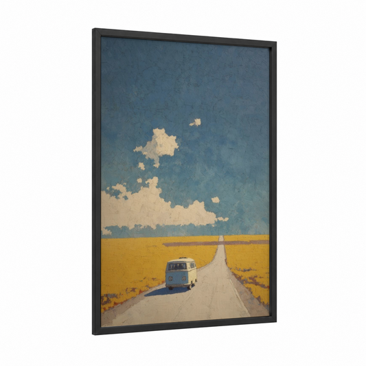 Desert Van Journey framed art print — black wood frame — blue and yellow gold palette