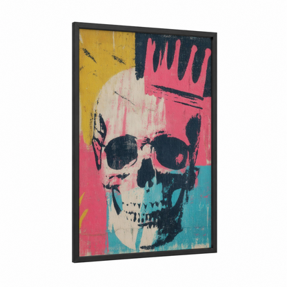 Pop Art Skull framed art print — black wood frame — magenta and turquoise palette