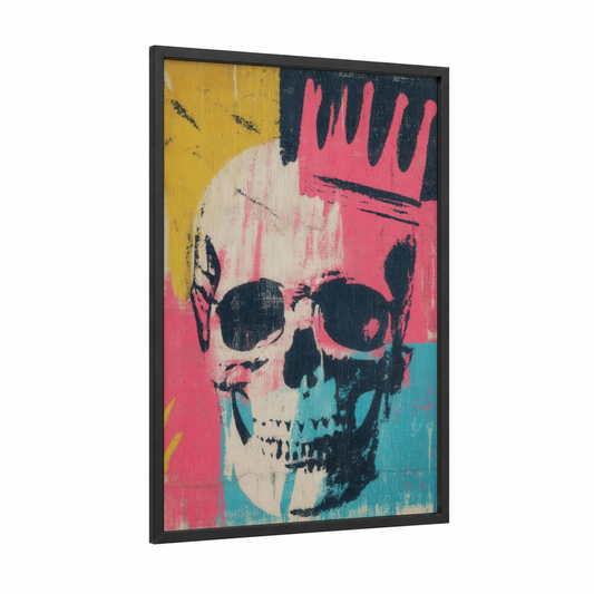 Pop Art Skull framed art print — black wood frame — magenta and turquoise palette