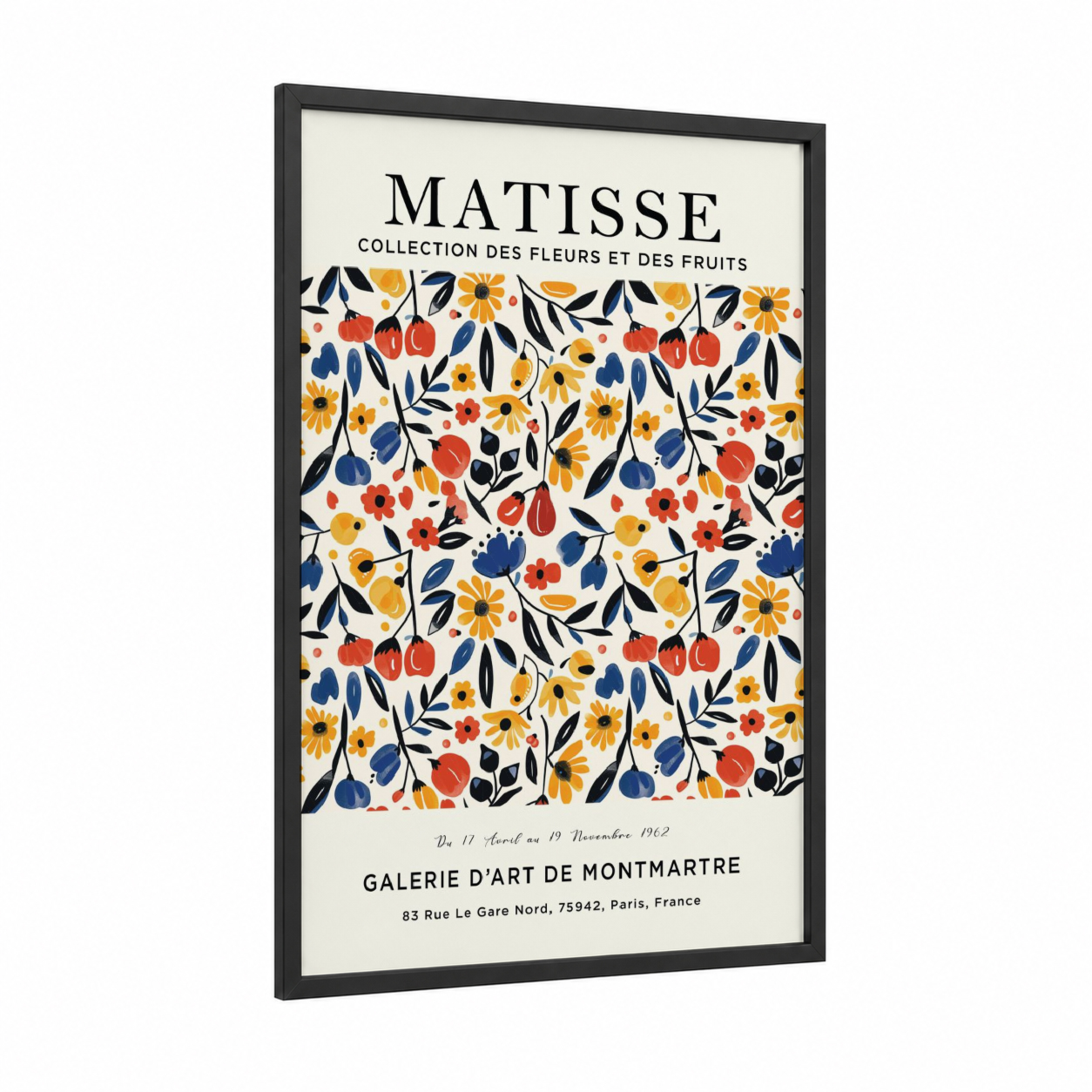 Matisse Floral Pattern framed abstract flower print — black wood frame — gold and red palette