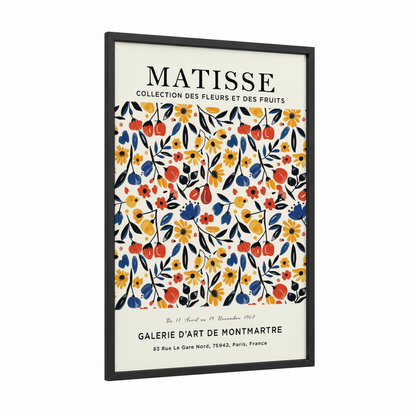 Matisse Floral Pattern framed abstract flower print — black wood frame — gold and red palette