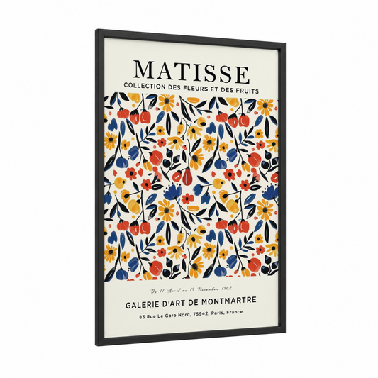 Matisse Floral Pattern framed abstract flower print — black wood frame — gold and red palette