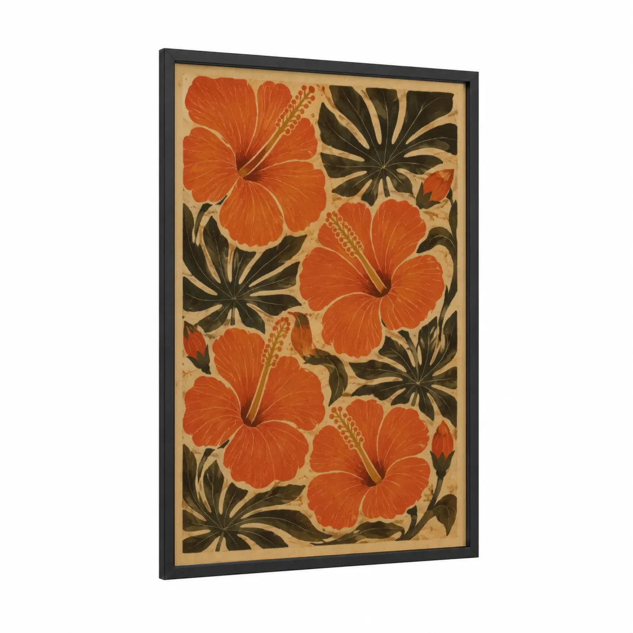 Vintage Hibiscus Tropical Flower Wall Art framed art print — black wood frame — orange and beige palette