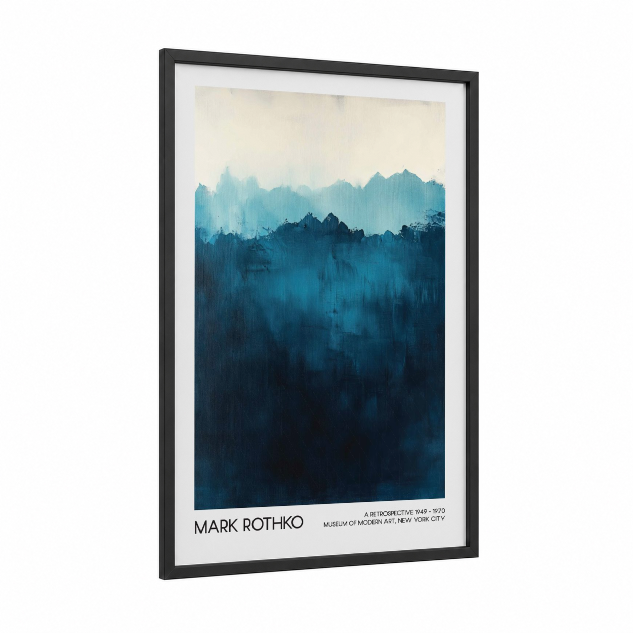 Misty Mountain Layers framed abstract classic print — black wood frame — dark blue and cream palette