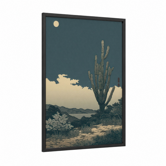 Desert Saguaro framed cactus print — black wood frame — dove gray and cream palette