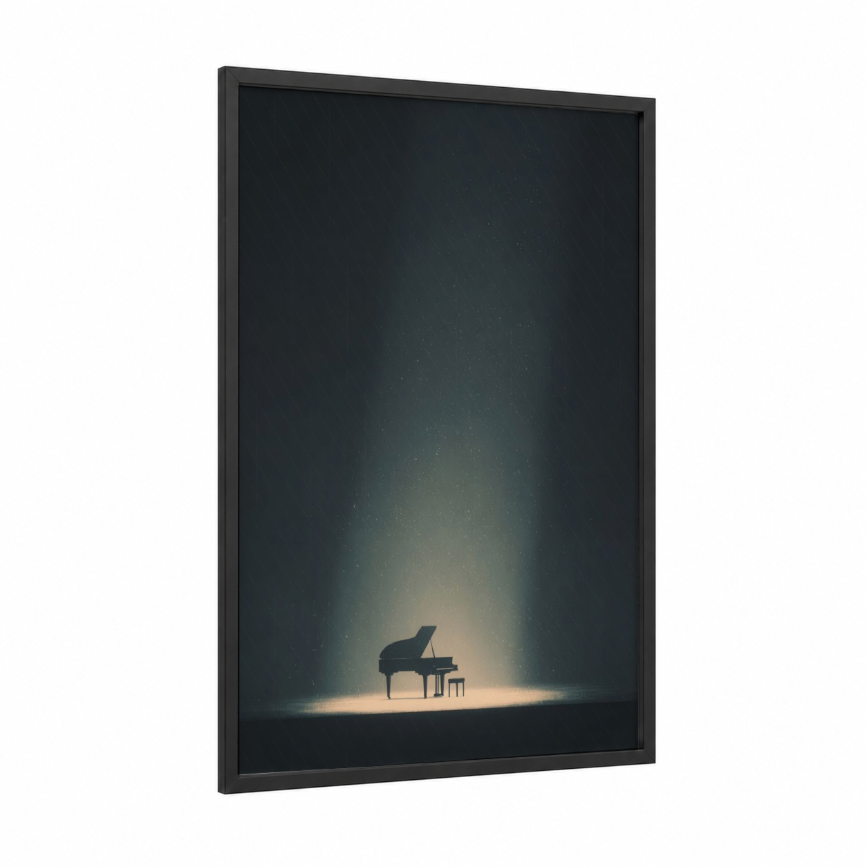 Spotlit Piano framed art print — black wood frame — black and gold palette