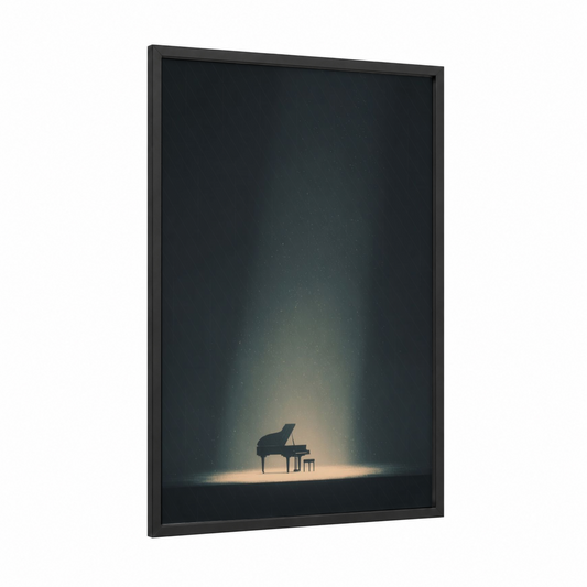 Spotlit Piano framed art print — black wood frame — black and gold palette