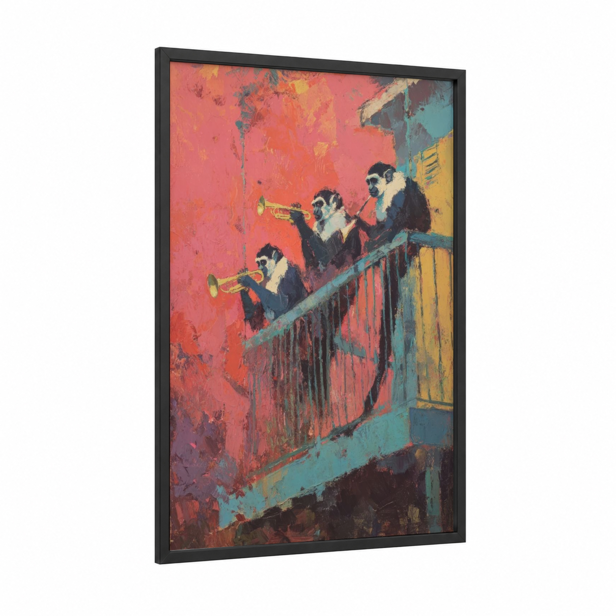 Jazz Monkeys framed art print — black wood frame — red and teal palette