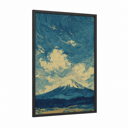 Starry Mount Fuji framed art print — black wood frame — blue and gold palette