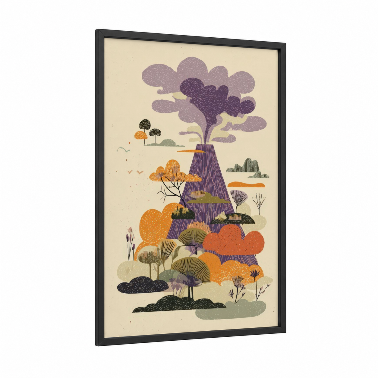Autumn Volcano framed art print — black wood frame — gold and orange palette