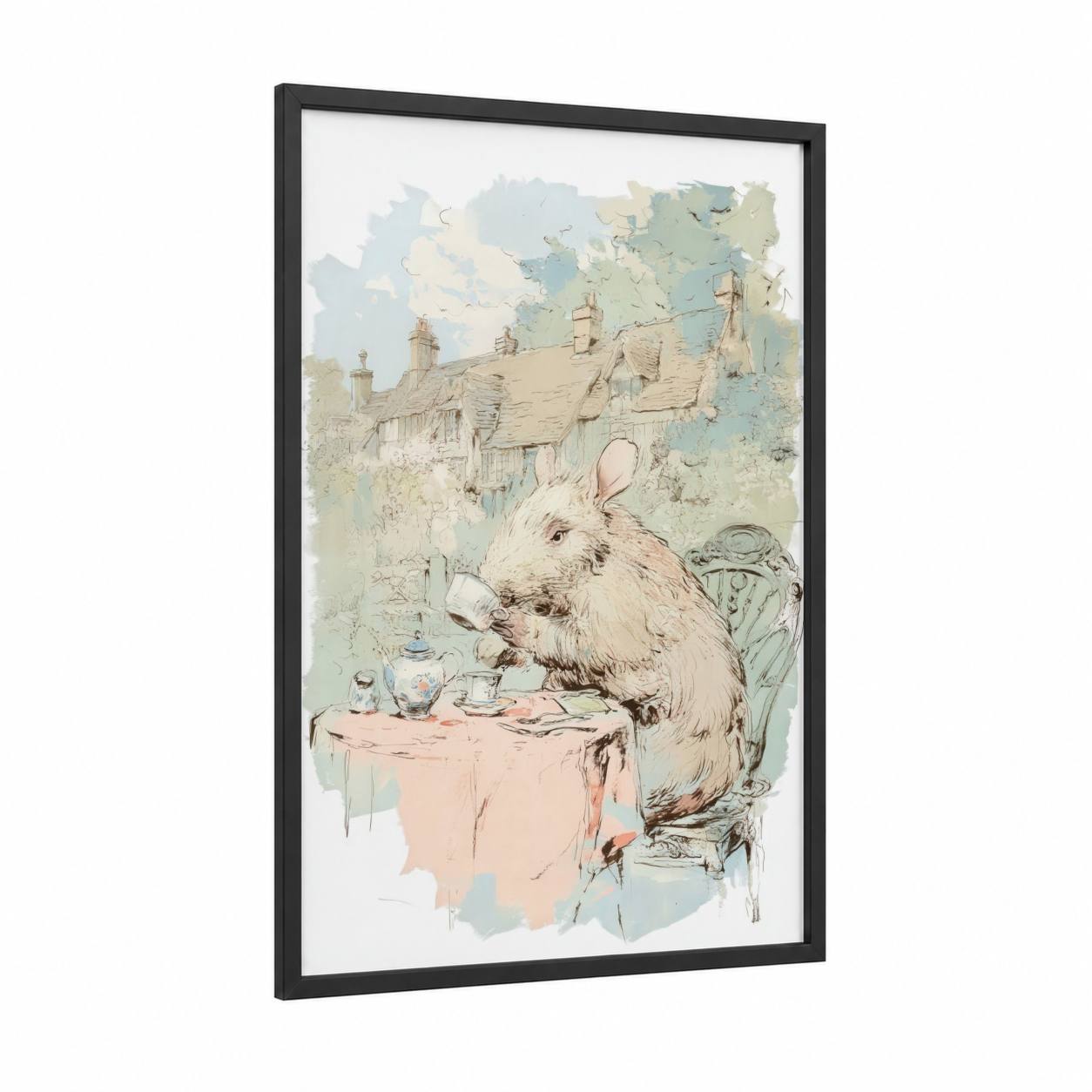 Tea Time Aardvark framed art print — black wood frame — sage green and blue and white palette