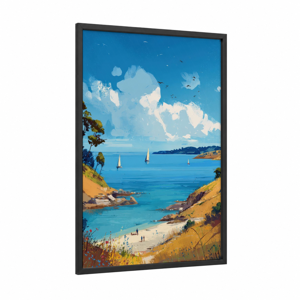 Coastal Cove Sailboats framed sandy beach print — black wood frame — blue and gold palette