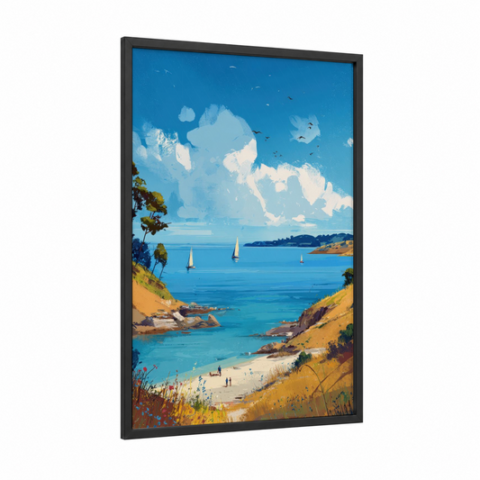 Coastal Cove Sailboats framed sandy beach print — black wood frame — blue and gold palette