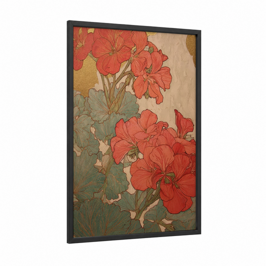Crimson Geranium framed art print — black wood frame — red and sage green palette