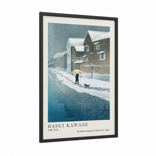 Snowy Village Waterway framed art print — black wood frame — bermuda gray and blue palette