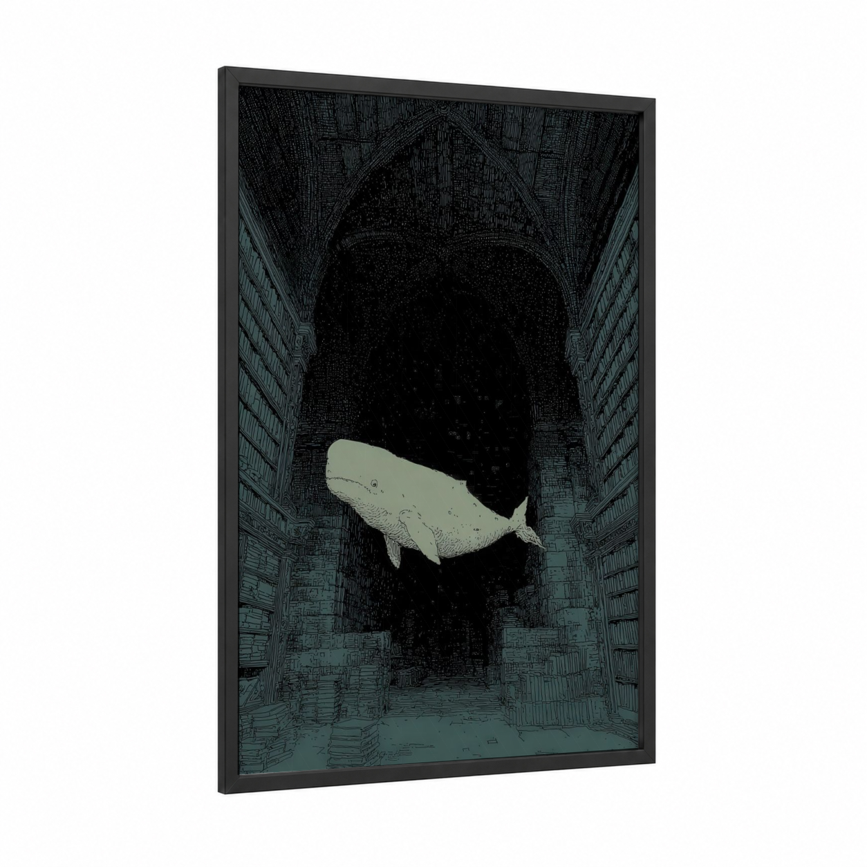 Ethereal Beluga framed beluga whale print — black wood frame — black and white and dove gray palette