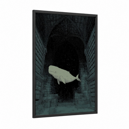 Ethereal Beluga framed beluga whale print — black wood frame — black and white and dove gray palette