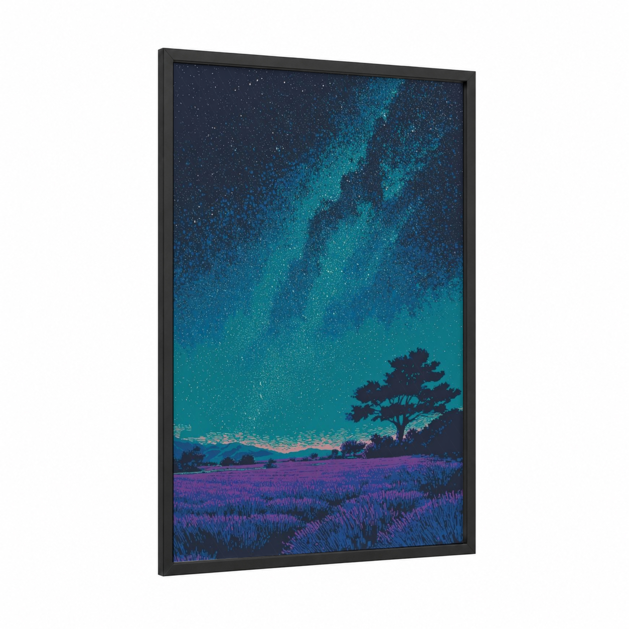 Lavender Milky Way framed art print — black wood frame — teal and magenta palette