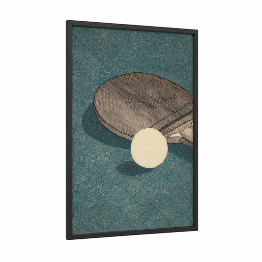Minimalist Paddle framed table tennis print — black wood frame — teal and cream palette