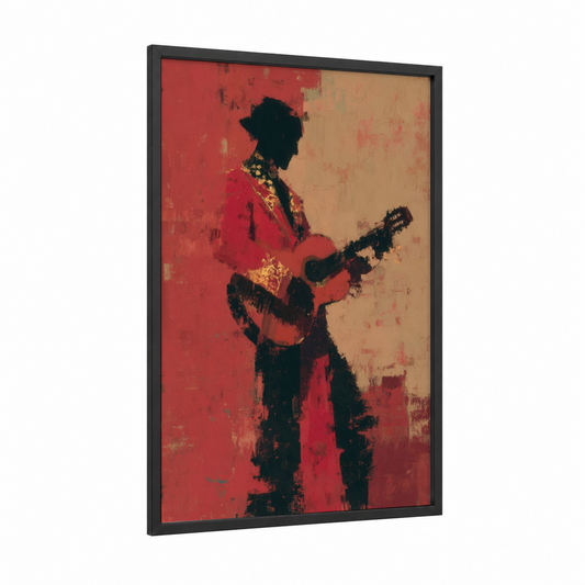 Silhouette Guitarist framed musician print — black wood frame — red and gold palette