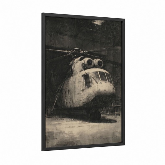 Vintage Helicopter Hangar framed art print — black wood frame — black and white and gray palette