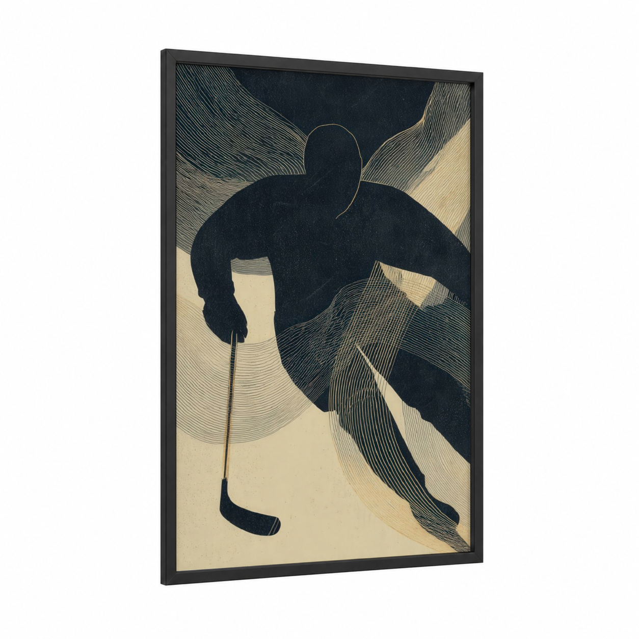 Dynamic Hockey Player framed ice hockey print — black wood frame — black and cream palette