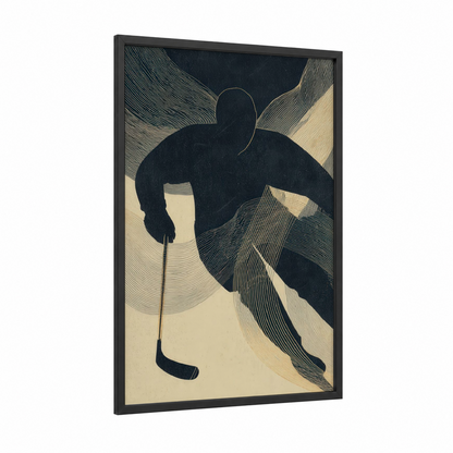 Dynamic Hockey Player framed ice hockey print — black wood frame — black and cream palette