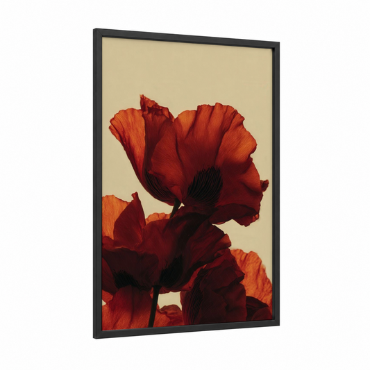 Crimson Poppies framed art print — black wood frame — red and gold palette