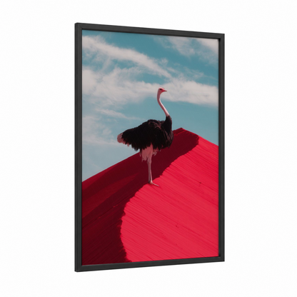 Crimson Roof Ostrich framed art print — black wood frame — red and blue palette