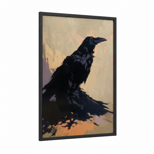 Vigilant Raven framed crows and ravens print — black wood frame — black and peach palette