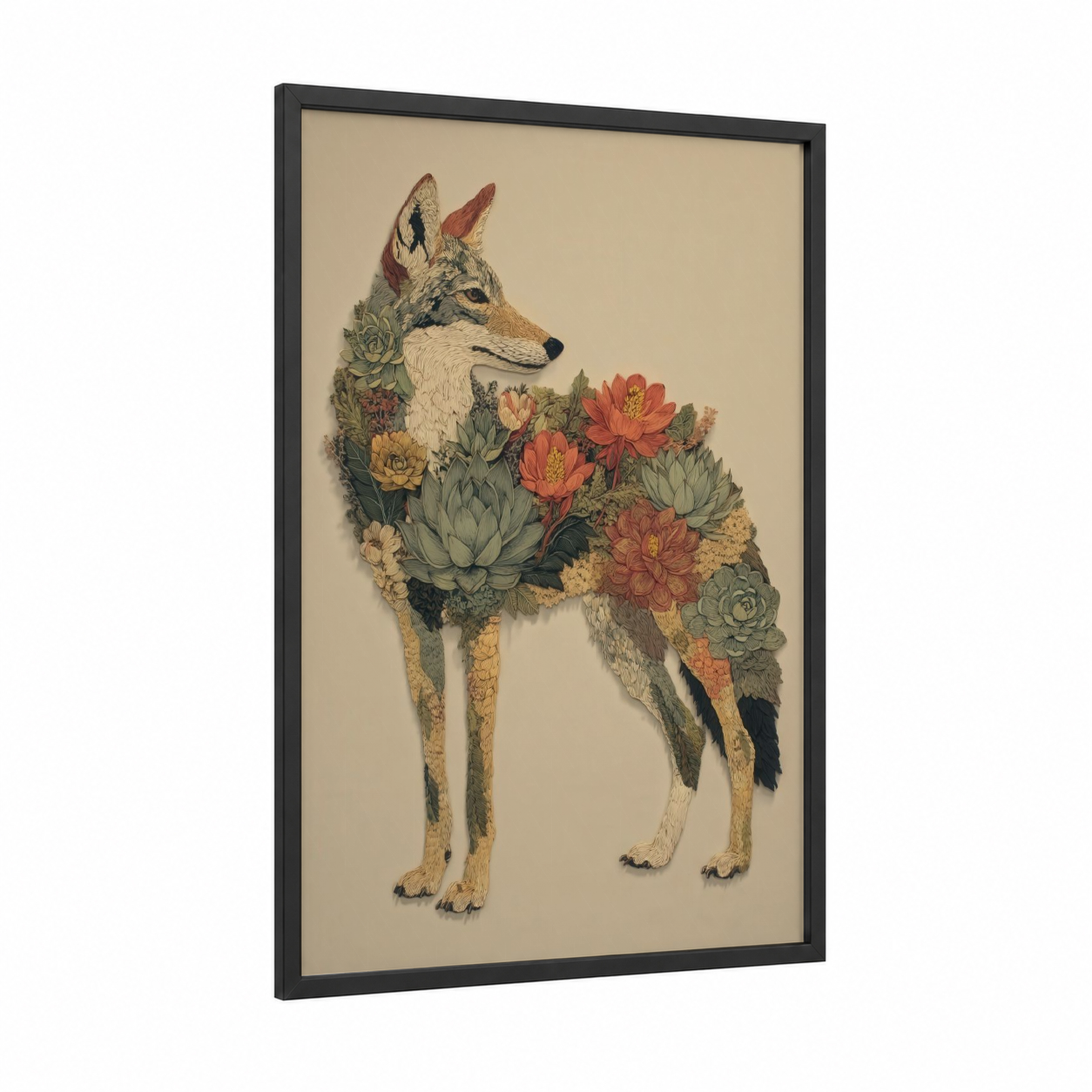 Floral Coyote framed art print — black wood frame — sage green and russet palette