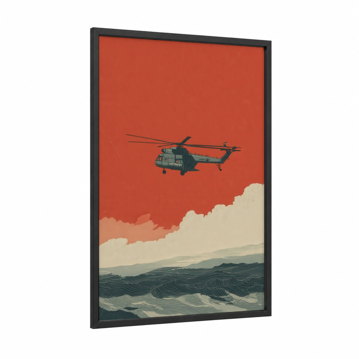 Coastal Helicopter framed art print — black wood frame — russet and teal palette