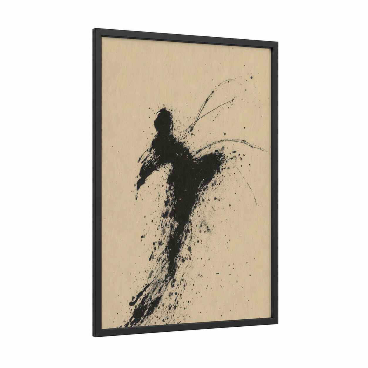 Dynamic Kick Warrior framed kick boxing print — black wood frame — black and white and cream palette