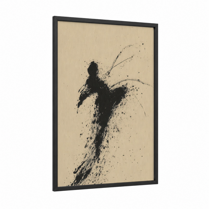 Dynamic Kick Warrior framed kick boxing print — black wood frame — black and white and cream palette