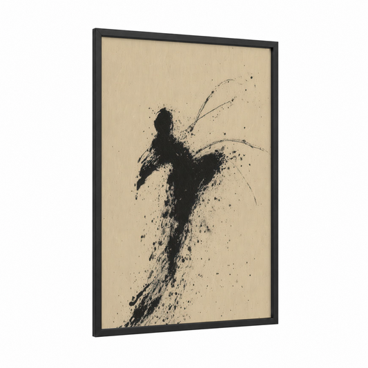 Dynamic Kick Warrior framed kick boxing print — black wood frame — black and white and cream palette