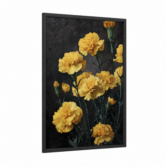 Golden Carnation Cluster framed carnations print — black wood frame — yellow gold and black palette