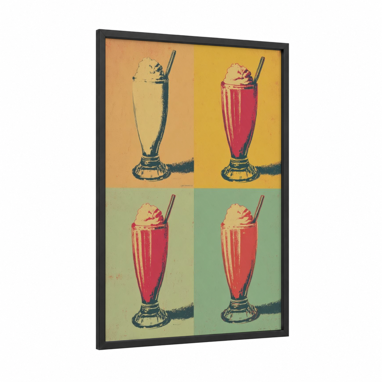 Pop Art Milkshake framed art print — black wood frame — yellow gold and pink palette