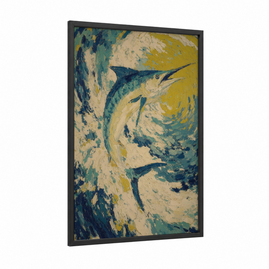 Marlin Strike framed art print — black wood frame — teal and gold palette