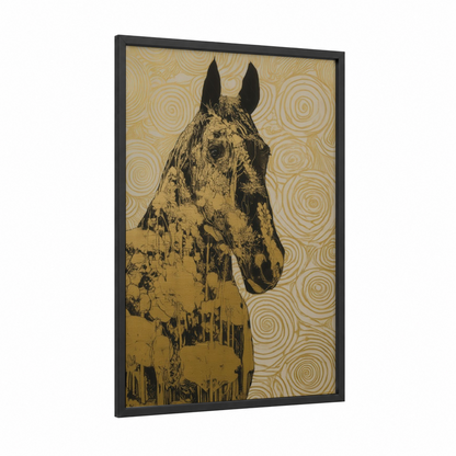 Golden Thoroughbred framed thoroughbred horse print — black wood frame — gold and black palette
