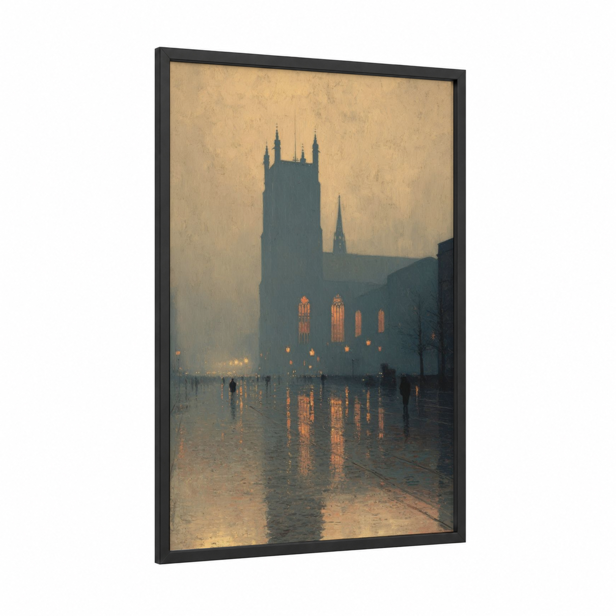 Misty Cathedral framed churches and chapels print — black wood frame — gold and gray palette