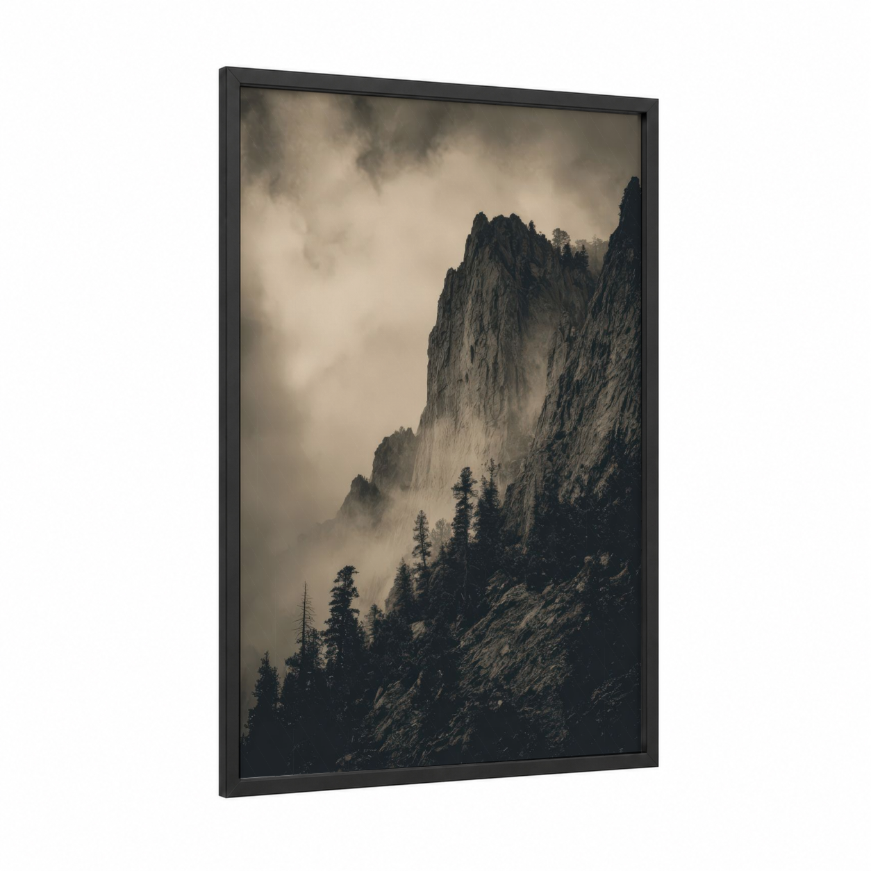 Misty Sierra Peaks framed sierra nevada print — black wood frame — gray and black and white palette