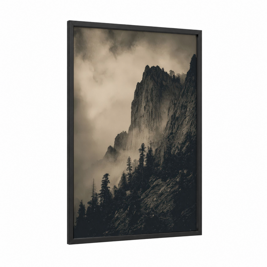 Misty Sierra Peaks framed sierra nevada print — black wood frame — gray and black and white palette