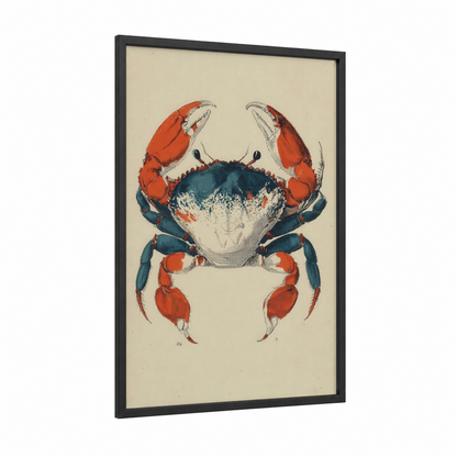 Red Sea Crab framed art print — black wood frame — red and teal palette