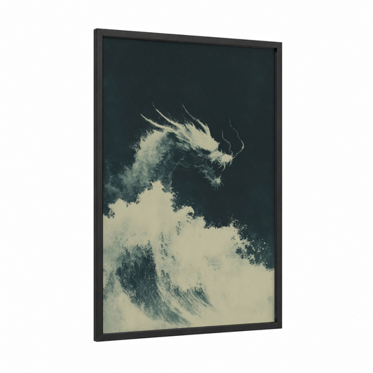 Mystical Dragon framed art print — black wood frame — dove gray and cream palette